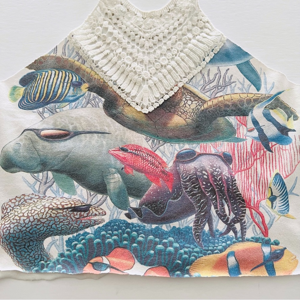 Furst of a Kind Crop Halter Top Re-worked Vintage Marine Animals Wearing Sunnies - Picture 3 of 7